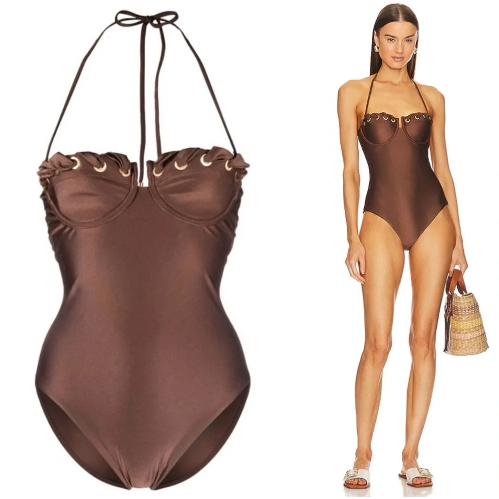 ZIMMERMANN Devi eyelet-embellished cutout underwired halterneck swimsuit sz 1 - Picture 1 of 11